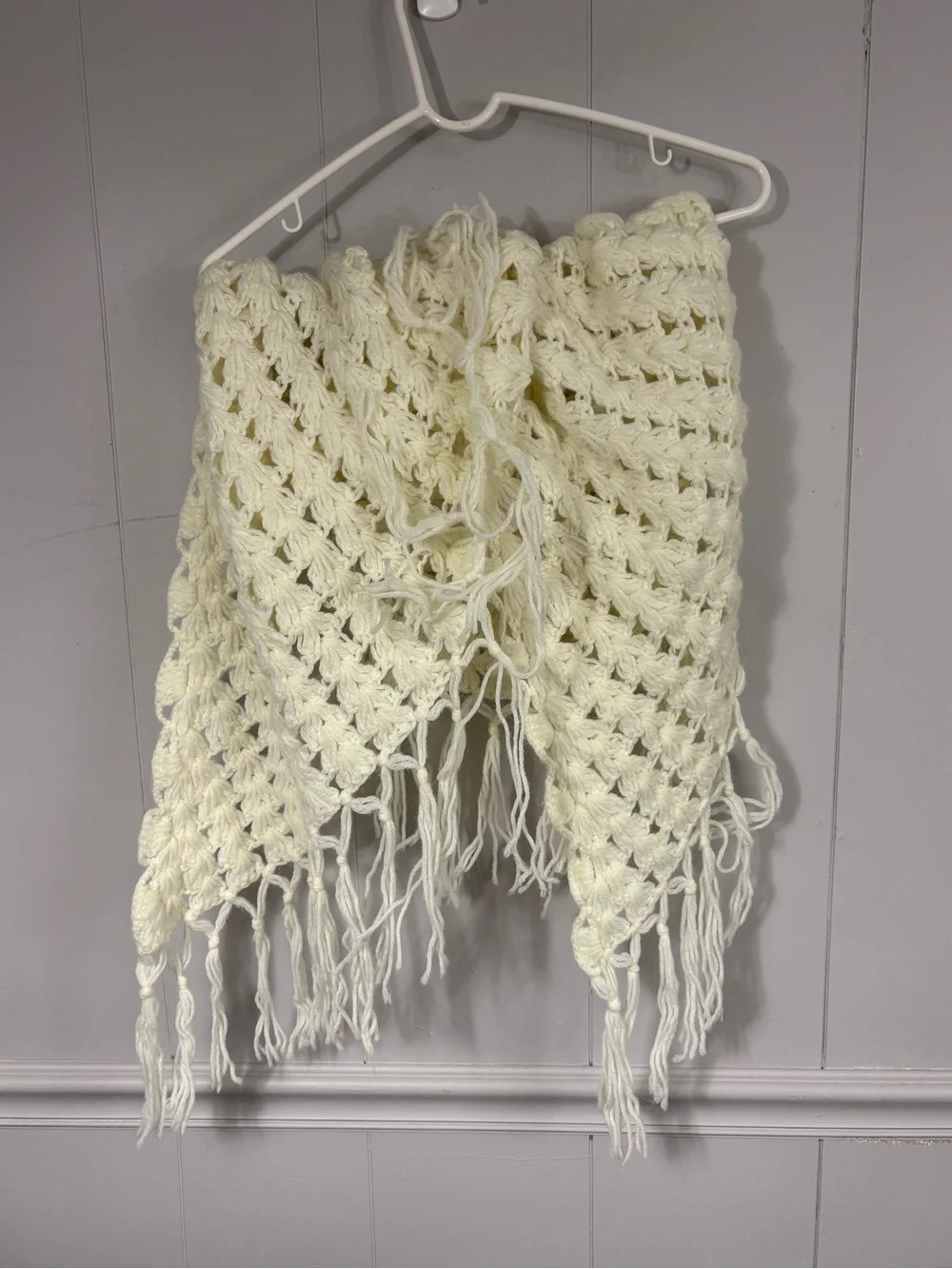 Cream Handmade Crochet Lacy Fringe Shall Scarf Wrap Boho Open Knit Cottagecore